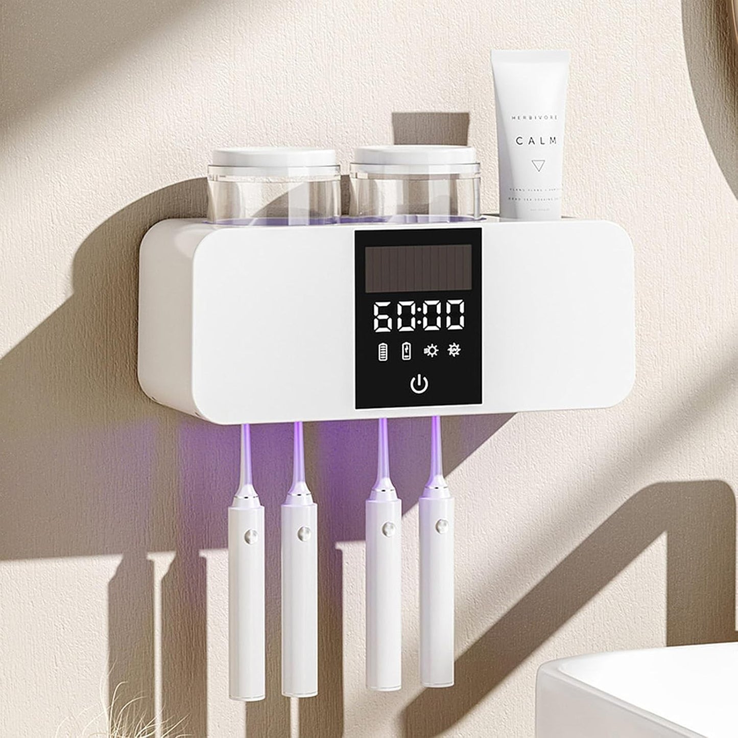 Smart Toothbrush Holder Wall Mounted, Solar Powered Toothbrush Stand Bathroom