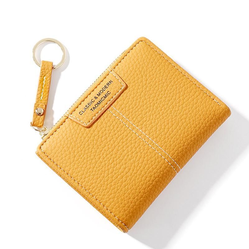 Yellow Wallet Soft Leather Purse Card Coin Holder Small Bag Zipper Keychain Tool