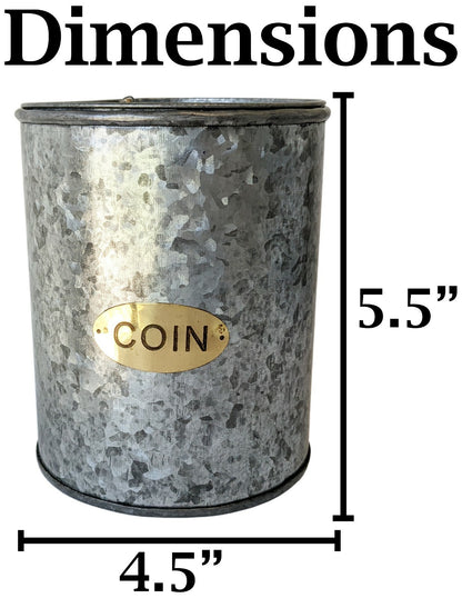 Galvanized Coin Can with Coin Slot and Removable Lid, Silver Farmhouse Piggybank