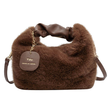 Faux Fur Handbag Zipper Small Shoulder Crossbody Bag Casual Tote Half-Moon Hobos
