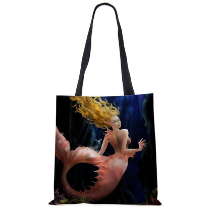 Mermaid Print Shoulder Bag Women Shopping Reusable Bags Large Travel Beach Bags