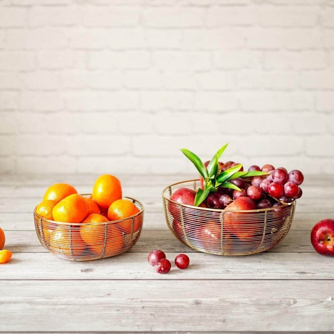 Air Circulating Fruit Basket Set - Includes 10" and 8" Wide Bowls (Gold Color)