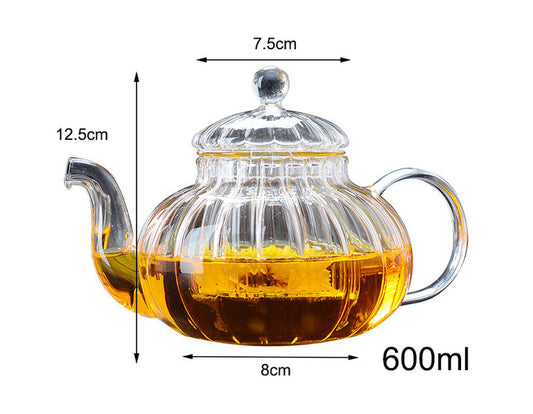 600ml Simple Striped Pumpkin Shape Flower Teapot Heat Resistant Glass Teapot