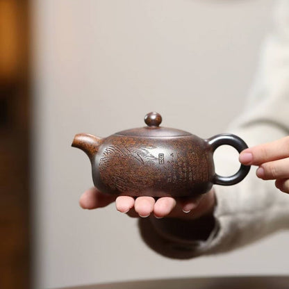 Half Moon Shape Tea Pot Hand Carved Chinese Real Yixing Zisha Clay Master Pot