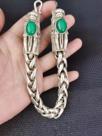 Collectible Chinese Green Jade Tibet Silver Handwork Auspicious Dragon Bracelet