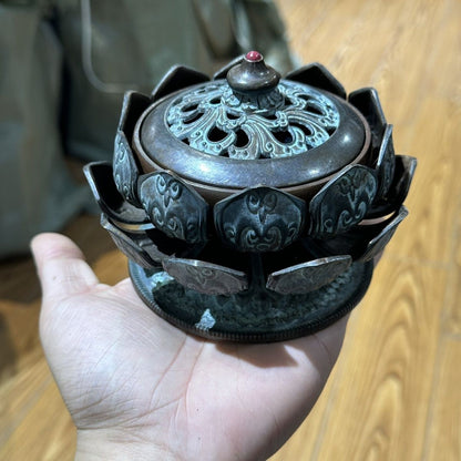 Antique Bronze Lotus Incense Burner Wide Buddhist Censer For Home Tea Ceremony