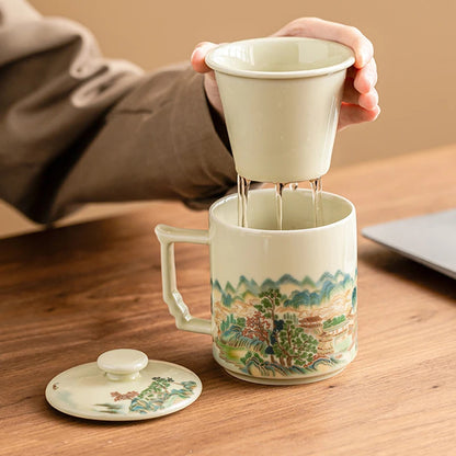 354ml Chinese Ceramic Yellow Glaze Landscape Tea Mugs Tea-water Separation Cups