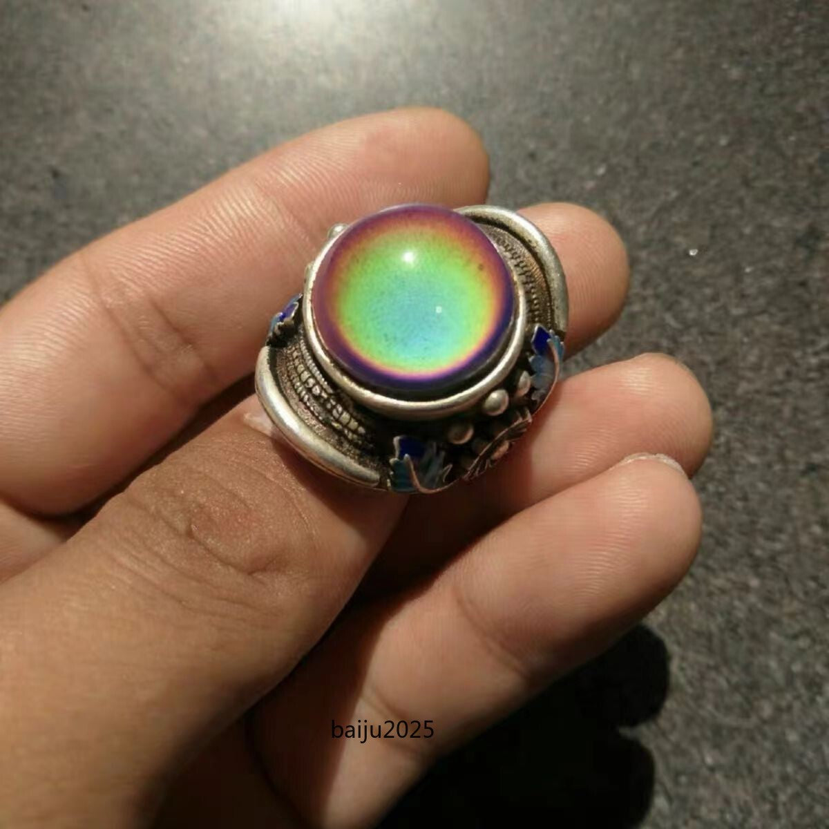 Antique Old Chinese Cloisonne Silver Inlay Gems Flower Jewelry Figure Ring