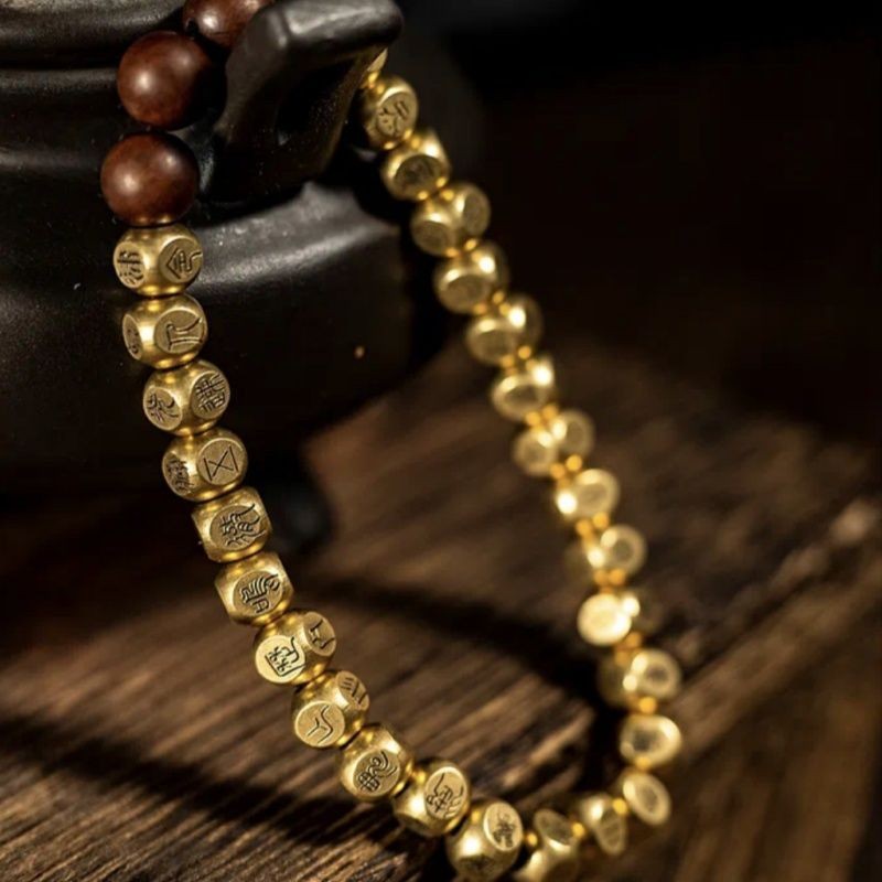 Natural Brass Golden Light Mantra Beaded Bracelet Handmade Retro Ethnic Jewelry