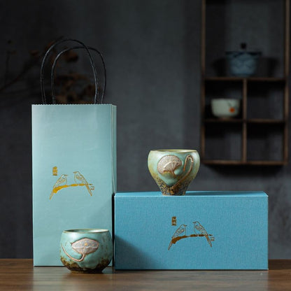 Lotus Pod Couple Cup Set Rough Pottery Stone Green Glaze Master Tea Cup Gift Box