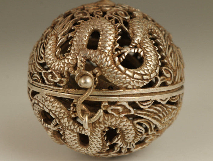 Tibet-Silver Old Copper Hand Carved Dragon Phoenix Statue Incense Burner Buddha
