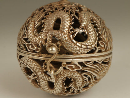 Tibet-Silver Old Copper Hand Carved Dragon Phoenix Statue Incense Burner Buddha