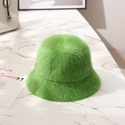 Hat Winter Women Solid Color Rabbit Fur Bucket Cap Fisherman Retro Knitted Wool