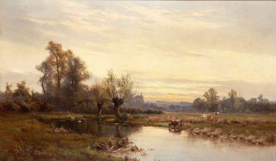 Oil painting wonderful landscape with trees cows by stream no framed