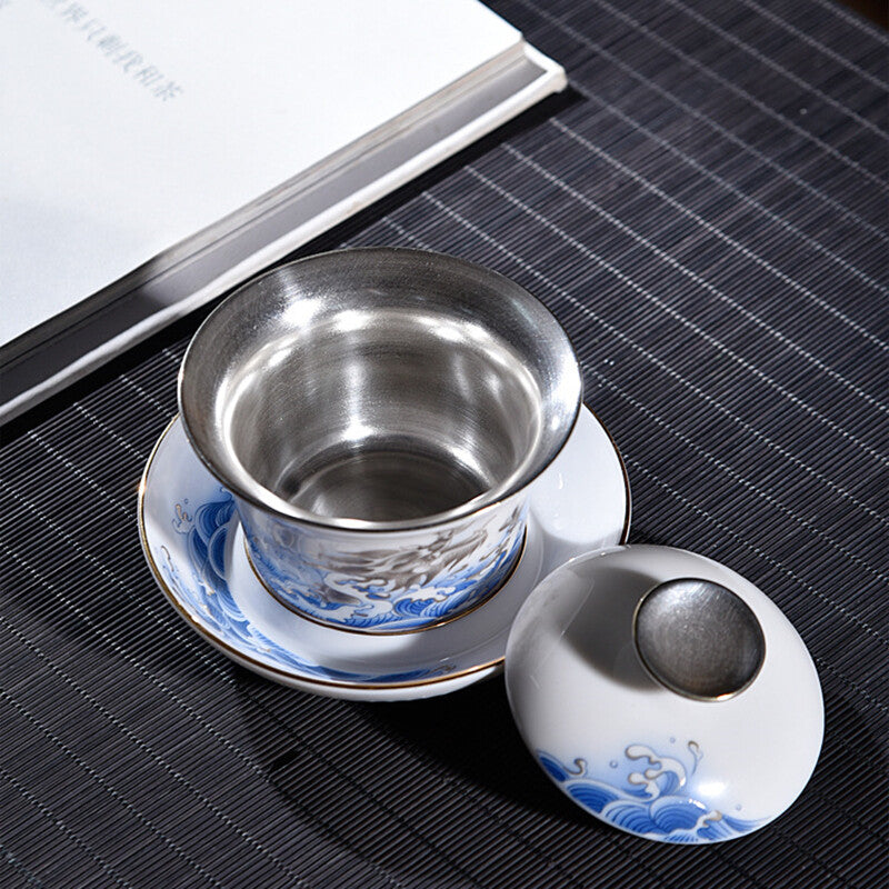999 Sterling Silver Tea Set Porcelain Jingdezhen Tea Pot Gaiwan Dragon Print Cup