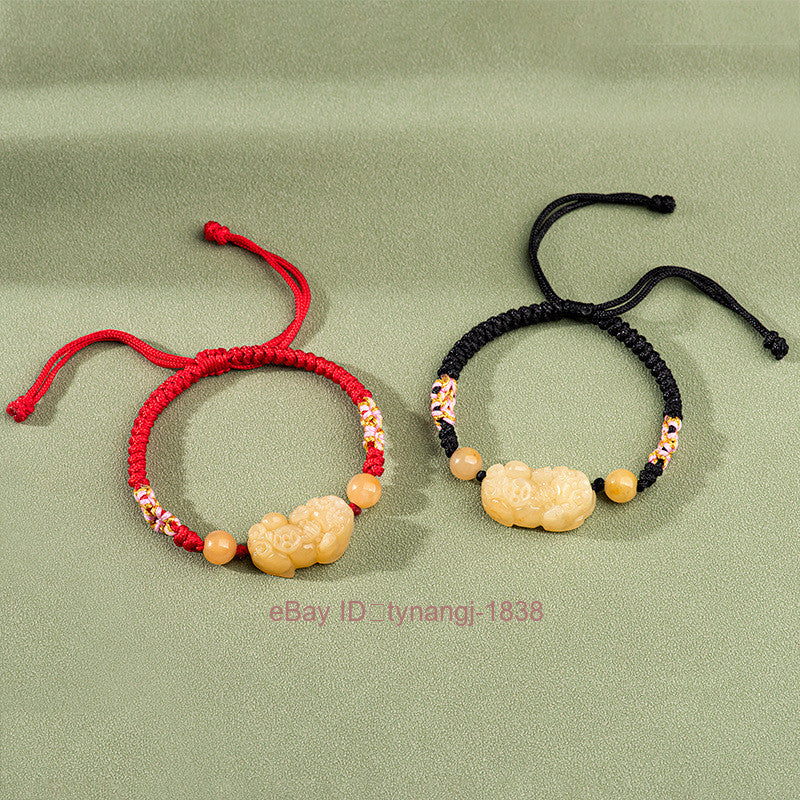 Certified Natural Yellow Jade Pixiu Hand Woven Peach Blossom Knot Bracelet