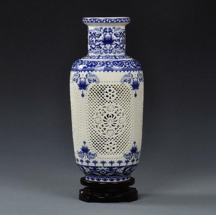 ChinaPorcelainBlue-and-white Hollow Ceramics Double-deck Flower Wooden Club Vase
