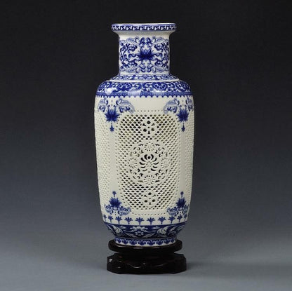 ChinaPorcelainBlue-and-white Hollow Ceramics Double-deck Flower Wooden Club Vase
