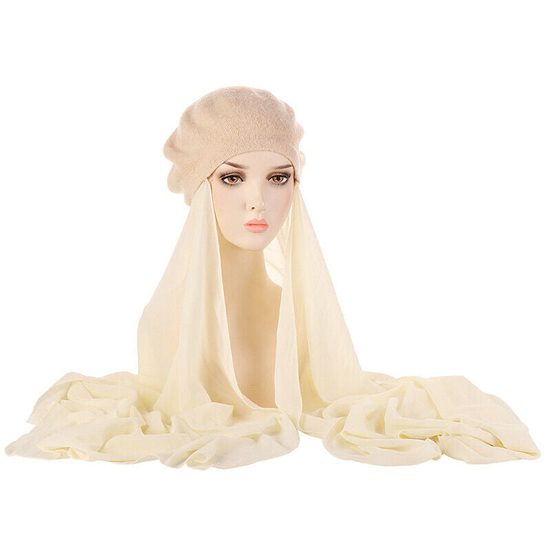 Women's Beret Hat Chiffon Scarf Instant Hijab Shawls Wrap Headsacrf Bandana Caps