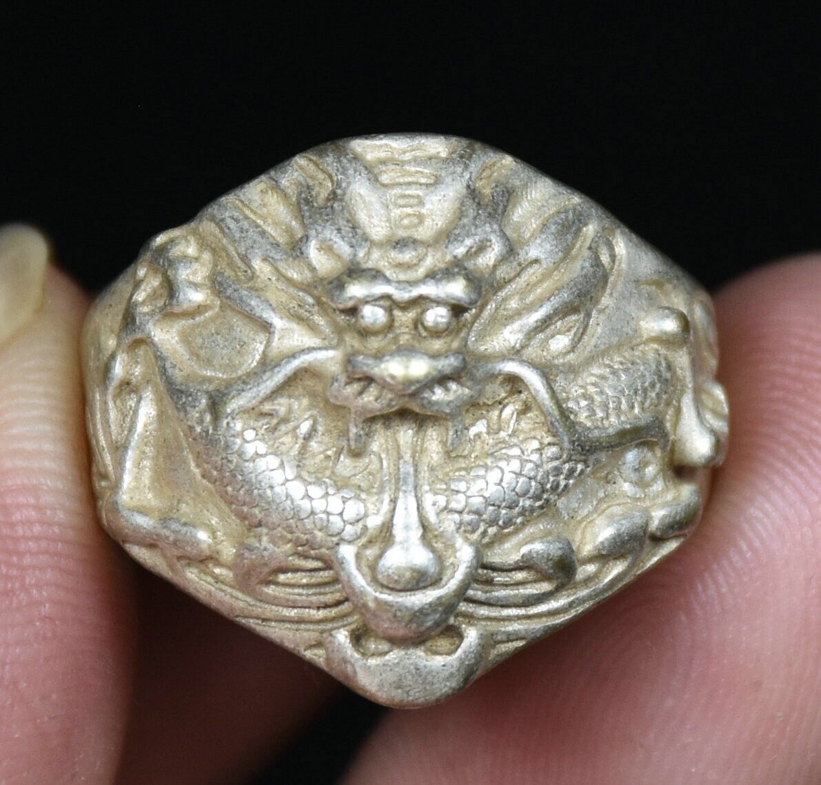 Old Chinese Luck Ring Miao Silver Feng Shui 12 Zodiac Year Dragon Wealth