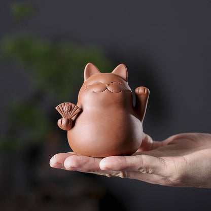 Purple Clay Lucky Cat Tea Pet Handmade Cute Small Animal Figurines Creative