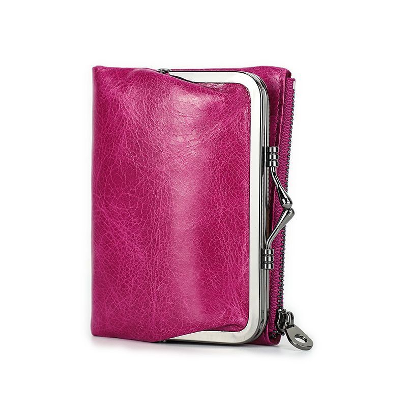 Small Metal Frame Purse Genuine Leather Wallet Hasp Zipper Coins Cards Holder