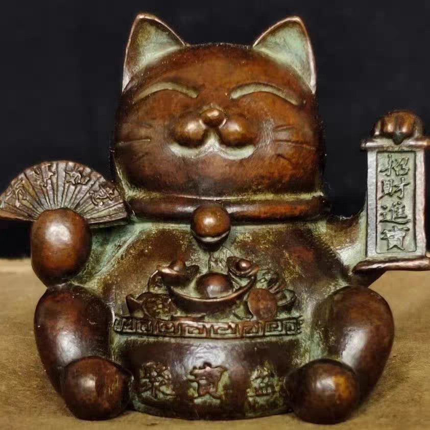 Copper Lucky Cat Figurines Mini Desktop Statue Tea Pet Feng Shui Decoration