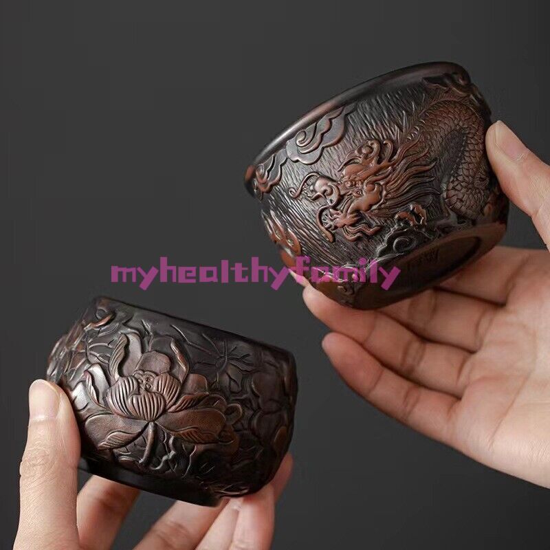 One Cup Handmade Floral Dragon Carved Yixing Zisha Purple Pottery Kungfu Teacups