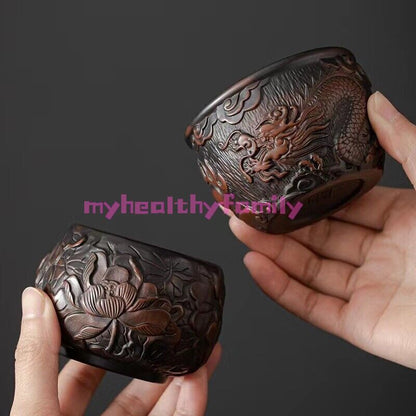 One Cup Handmade Floral Dragon Carved Yixing Zisha Purple Pottery Kungfu Teacups