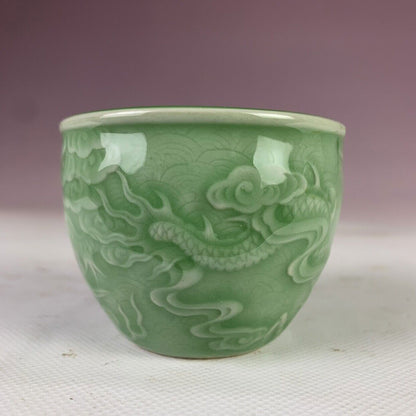 3.0" Chinese Qing Green Glaze Porcelain Relief Dragon & Cloud Design Teacup Cup