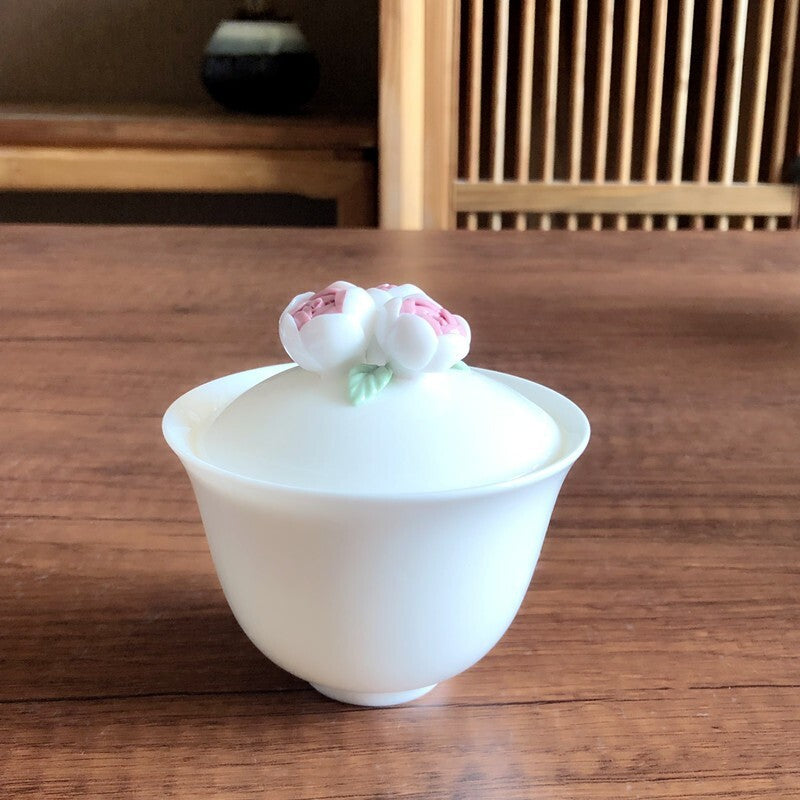 Artful Porcelain Teaset Gaiwan Matching Cup Tea Plate Tray Ceramic Floral Relief
