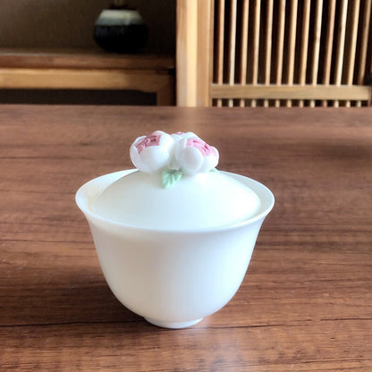 Artful Porcelain Teaset Gaiwan Matching Cup Tea Plate Tray Ceramic Floral Relief