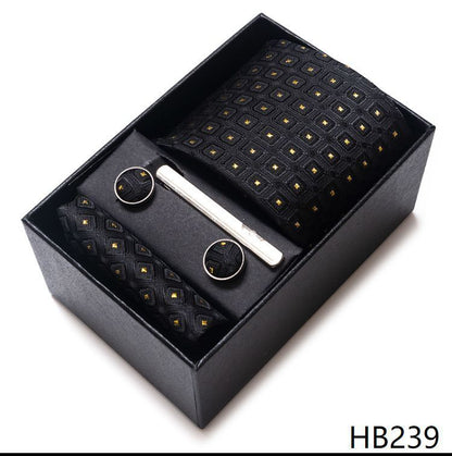 Men Neckties 5Pcs Business Ties Hanky Cufflink Set Clips Corbatas Gift Box 7.5cm
