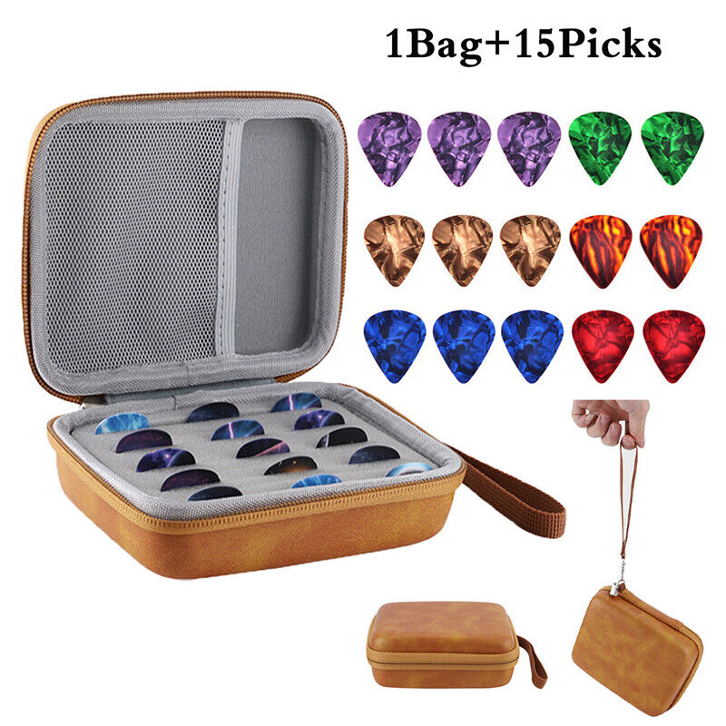 16pcs Guitar Pick Holder Case Box W/ Pick Capo Tuner Strings Storage Pouch Bag