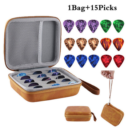 16pcs Guitar Pick Holder Case Box W/ Pick Capo Tuner Strings Storage Pouch Bag