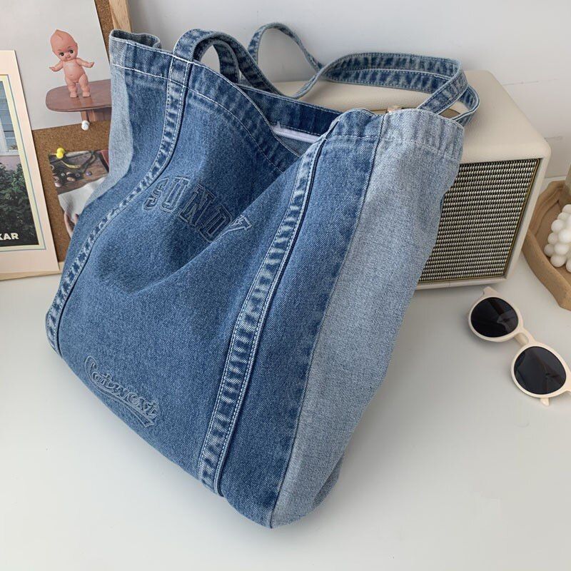 Shoulder Bag Big Denim Handbag Shopping Purse Tote Letter Print 34*36*8 CM Blue