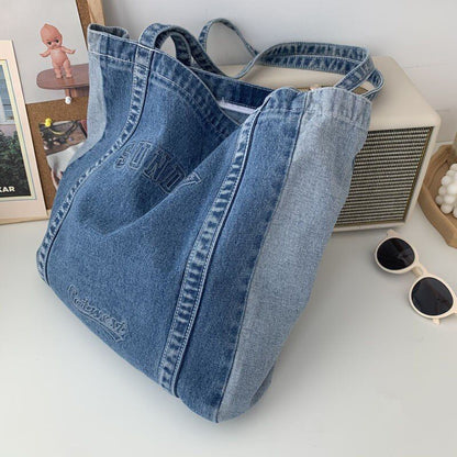 Shoulder Bag Big Denim Handbag Shopping Purse Tote Letter Print 34*36*8 CM Blue