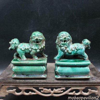 Pair Chinese Marked Green Glazed Porcelain Foo Dog Palace Lions Collected