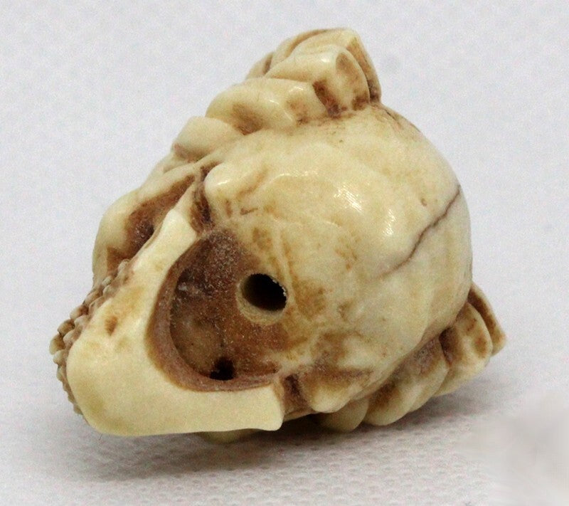 Goat Horn Skull Head Carved in Deer Antler Hand Carving Statue Netsuke Bead