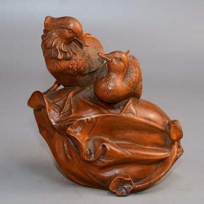 Old Boxwood Mandarin Ducks Couple StatueLove Happiness Marrage Feng Shui Decor