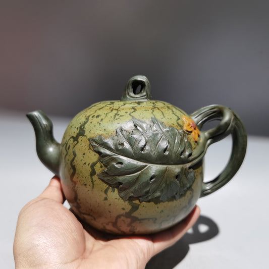 Chinese Yixing Zisha Clay Handmade Carve Watermelon Kung Fu Tea Exquisite Teapot