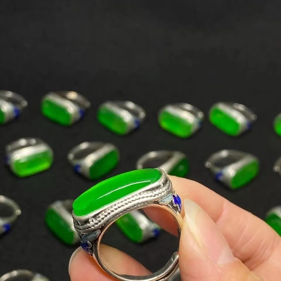 1Pc Tibetan Silver Inlaid Natural Jade Ethnic Style Ring Ring