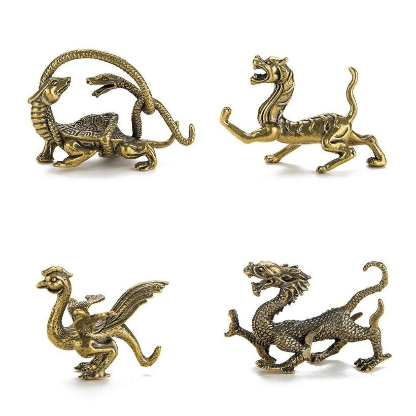 4PCS Brass Four Divine Beasts Ornament Dragon White Tiger Suzaku Xuanwu Decor