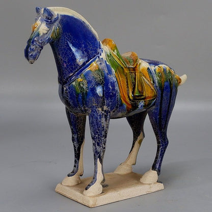 9" Chinese Old Tang Tri-Color Glazed Ceramics Blue War Horse Porcelain Statue