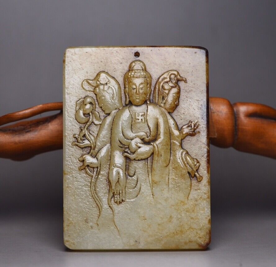 Chinese Antique Hetian Jade Carving Buddha Statue Good Luck Pendant Amulets Gift