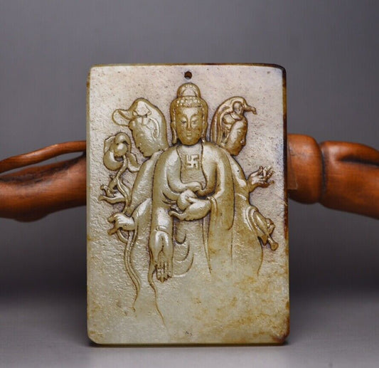 Chinese Antique Hetian Jade Carving Buddha Statue Good Luck Pendant Amulets Gift