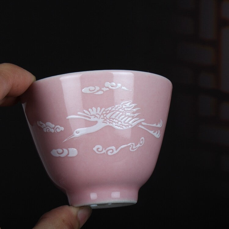 3" Collection Chinese Jingdezhen Porcelain Pink Glaze Animal Crane Cup