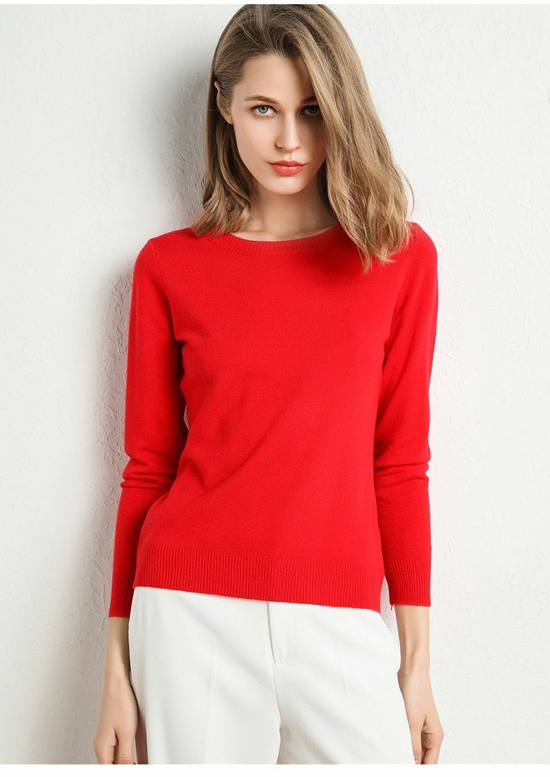Women Sweater Clothes Solid Round Neck Jumper Long-sleeved Knitted Pullovers