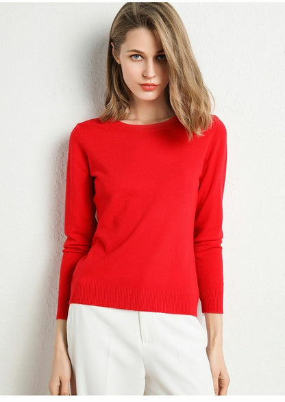Women Sweater Clothes Solid Round Neck Jumper Long-sleeved Knitted Pullovers