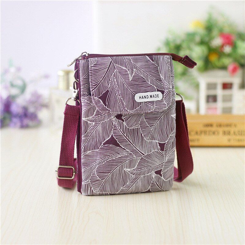 Canvas Leaves Print Women Handbag Small Shoulder Crossbody Phone Bag Money Pouch